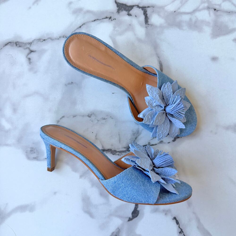 Anthropologie Blue Denim Floral Applique Mule Heels Size 39